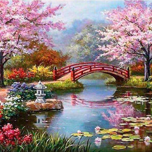 Parksee mit roter Brücke Diamond Painting Landschaftsmotiv