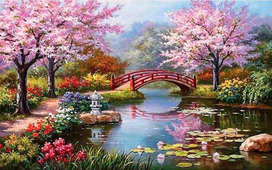 Parksee mit roter Brücke Diamond Painting Landschaftsmotiv