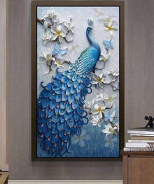Blauer Pfau mit weißen Blumen Großformat Diamond Painting