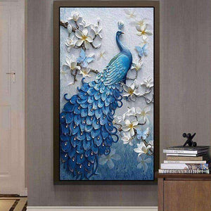 Blauer Pfau mit weißen Blumen Großformat Diamond Painting