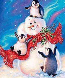 Pinguine mit Schneemann Diamond Painting Wintermotiv