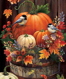 Kürbisse und Vögel Diamond Painting mit Herbstlaub