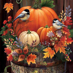 Kürbisse und Vögel Diamond Painting mit Herbstlaub