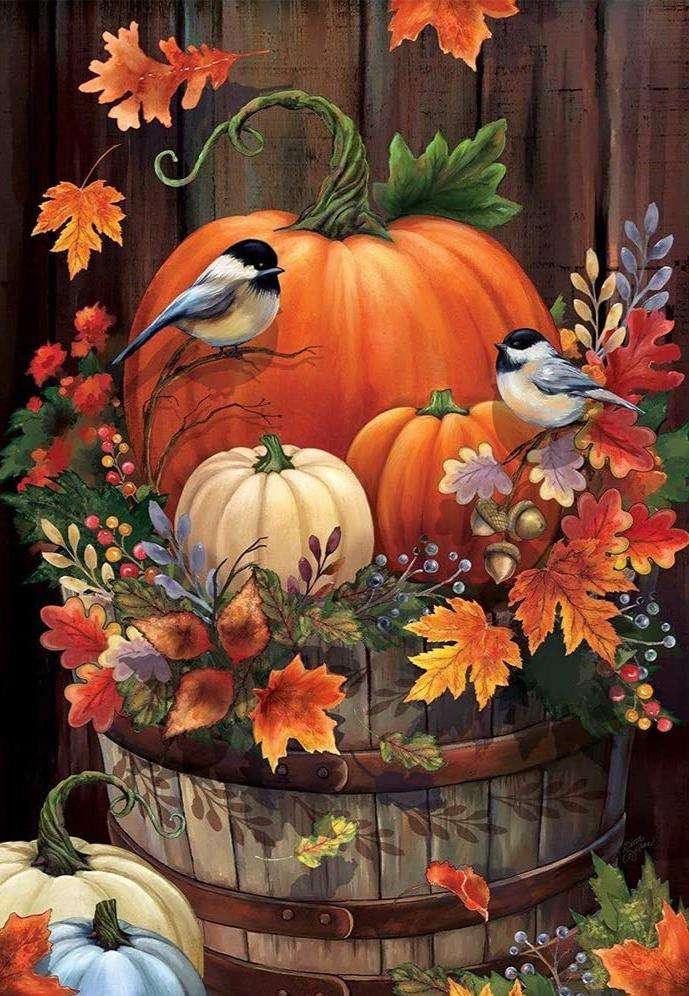 Kürbisse und Vögel Diamond Painting mit Herbstlaub