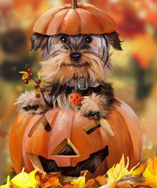Welpe im Kürbis Diamond Painting mit Herbstlaub