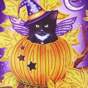 Schwarze Katze im Kürbis - Diamond Painting Halloweenmotiv