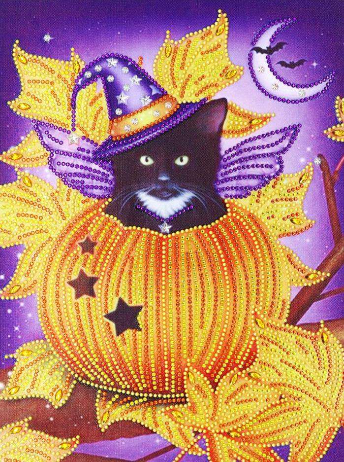 Schwarze Katze im Kürbis - Diamond Painting Halloweenmotiv