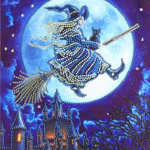 Hexe im Mondschein Diamond Painting 30x40 mit Vollmond