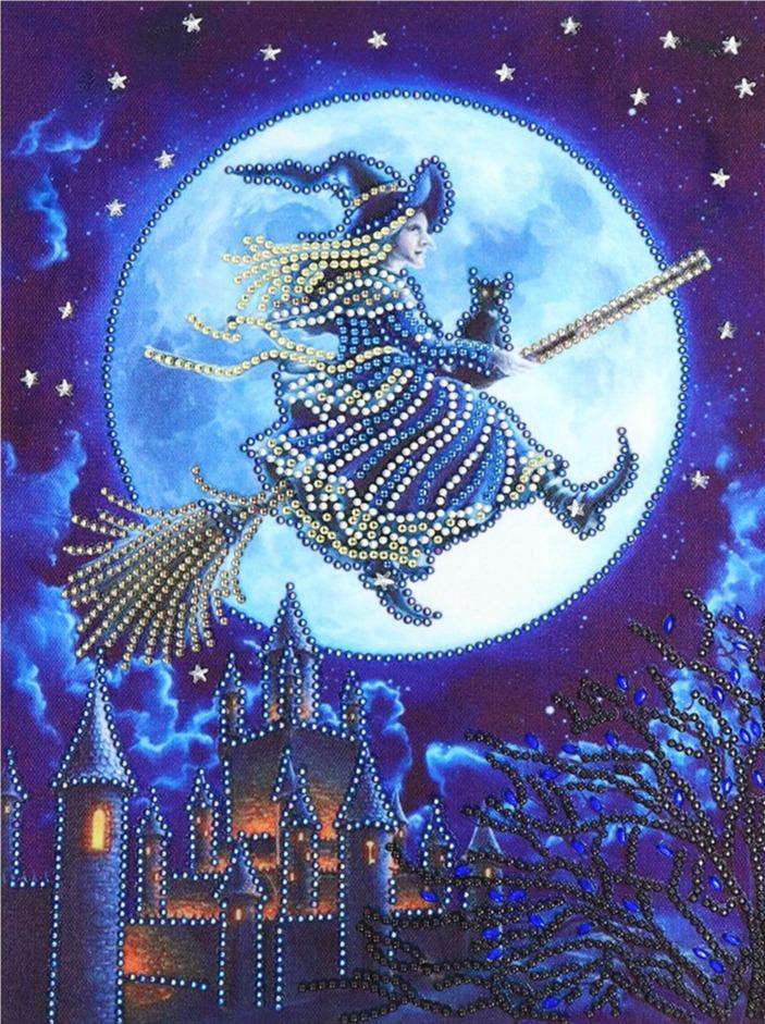 Hexe im Mondschein Diamond Painting 30x40 mit Vollmond