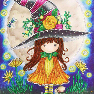 Hexenmädchen 30x40 Diamond Painting mit Mond und Hexenhut