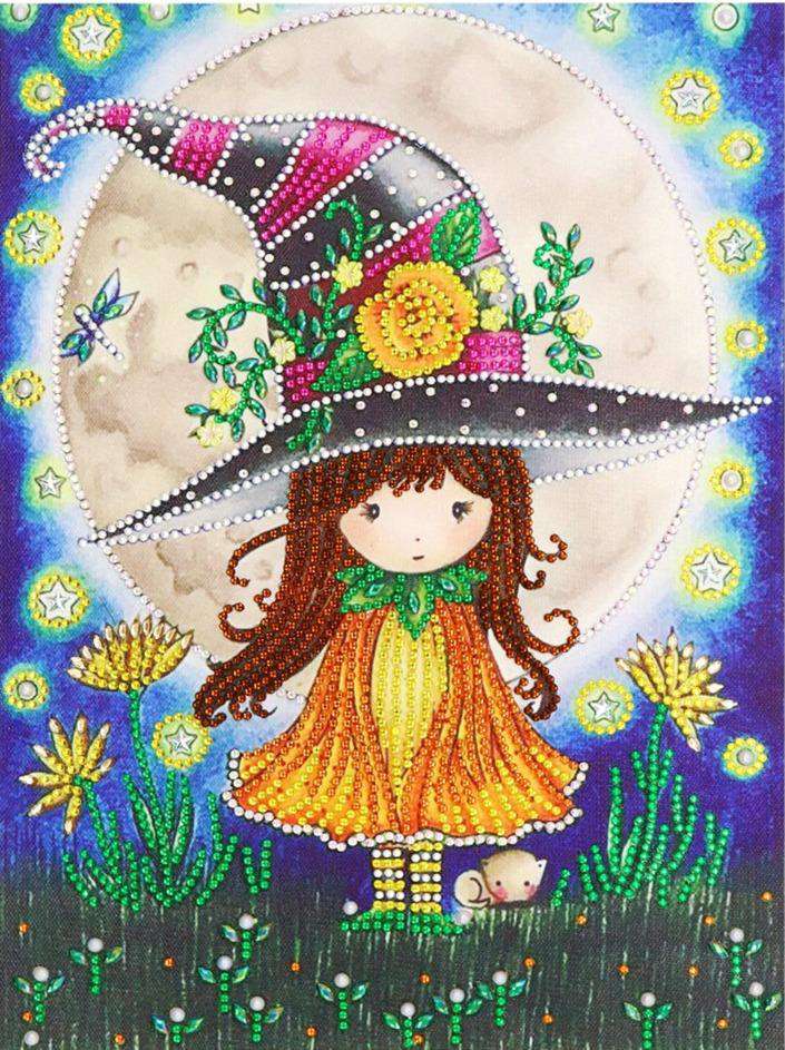 Hexenmädchen 30x40 Diamond Painting mit Mond und Hexenhut