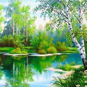 Grüner Flusswald Diamond Painting Landschaftsmotiv