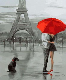 Romantisches Paris Diamond Painting mit Eiffelturm und rotem Regenschirm