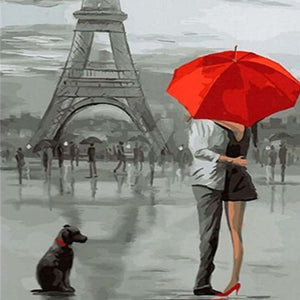 Romantisches Paris Diamond Painting mit Eiffelturm und rotem Regenschirm