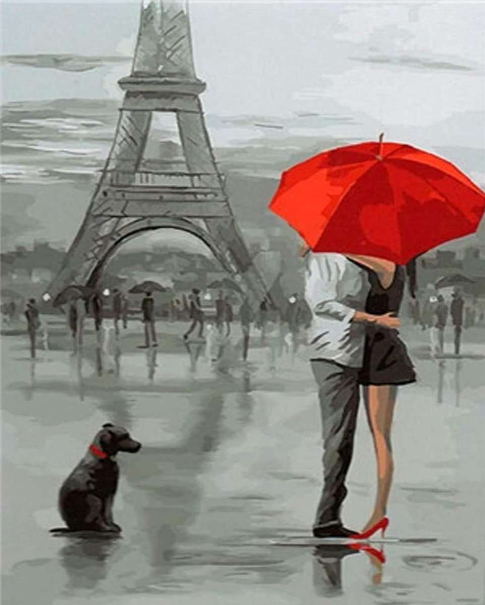 Romantisches Paris Diamond Painting mit Eiffelturm und rotem Regenschirm