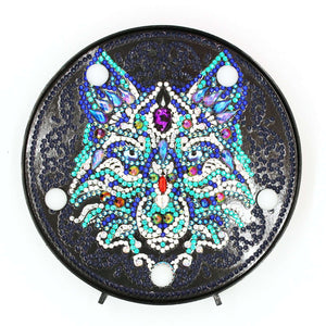 Runde Wolfskopf Diamond Painting Lampe mit blauem Wolfsmotiv