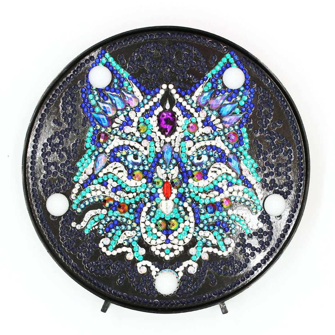 Runde Wolfskopf Diamond Painting Lampe mit blauem Wolfsmotiv