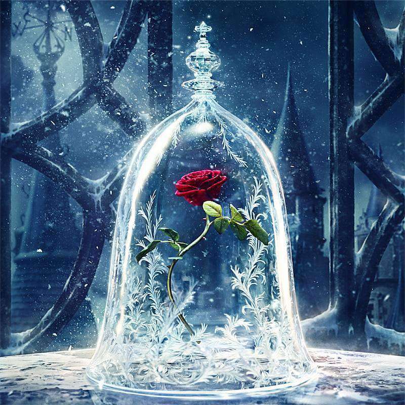 Rote Rose im Glas Diamond Painting mit winterlicher Glasglocke