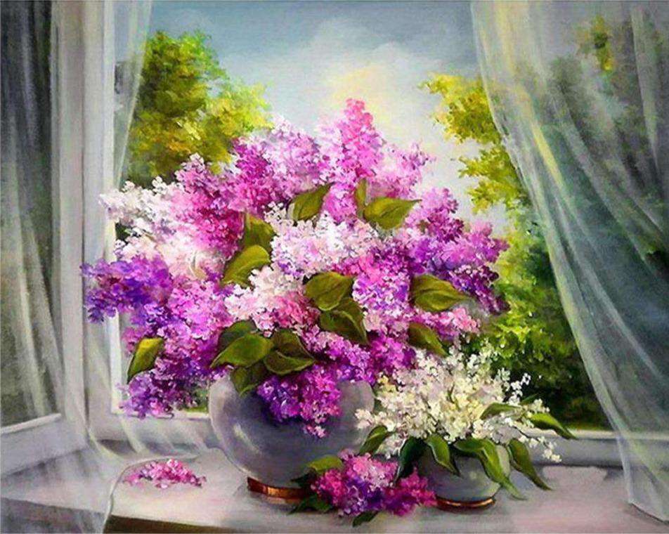 Fliederstrauß am Fenster Diamond Painting