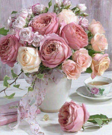 Rosa Rosenstrauß mit Teetasse Diamond Painting