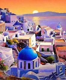 Santorini Diamond Painting bei Sonnenuntergang