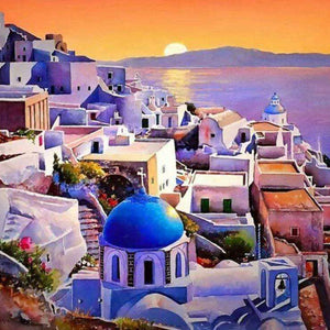 Santorini Diamond Painting bei Sonnenuntergang