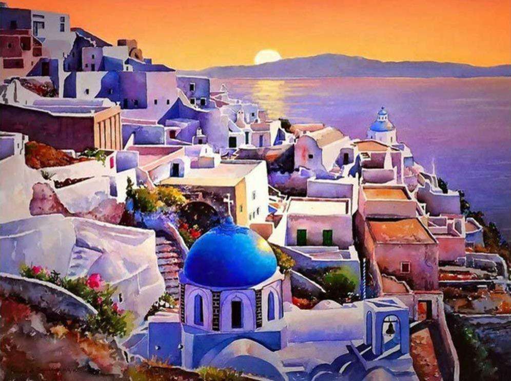 Santorini Diamond Painting bei Sonnenuntergang