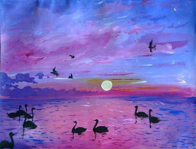Schwäne bei Sonnenuntergang Diamond Painting mit violettem Himmel