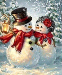 Schneemann-Paar mit Laterne - Diamond Painting Weihnachtsmotiv