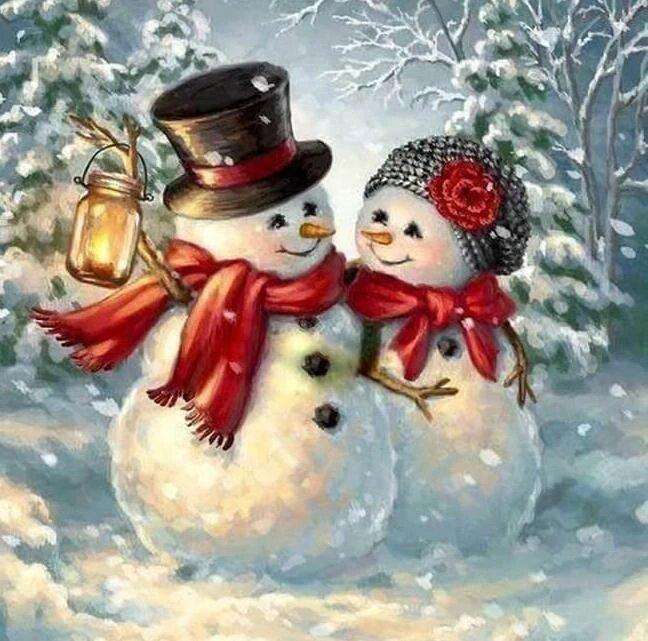 Schneemann-Paar mit Laterne - Diamond Painting Weihnachtsmotiv