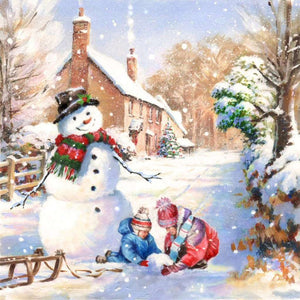 Kinder bauen Schneemann - Diamond Painting Wintermotiv