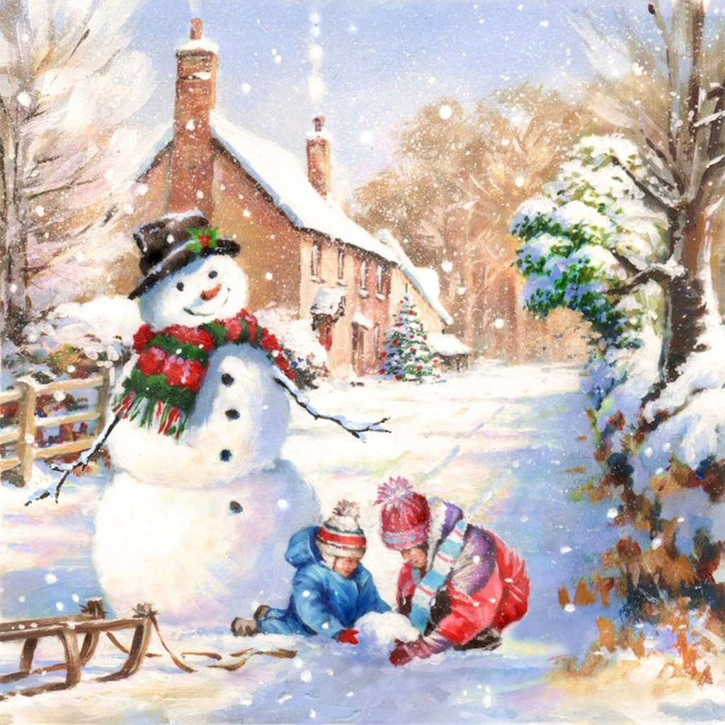 Kinder bauen Schneemann - Diamond Painting Wintermotiv