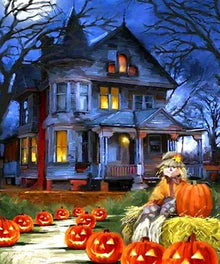 Spukhaus mit Kürbissen - Diamond Painting Halloween-Motiv