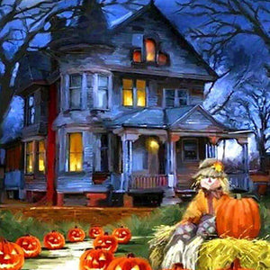 Spukhaus mit Kürbissen - Diamond Painting Halloween-Motiv