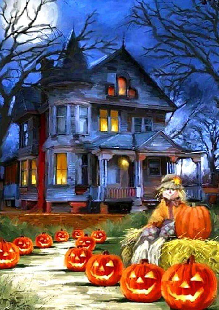 Spukhaus mit Kürbissen - Diamond Painting Halloween-Motiv