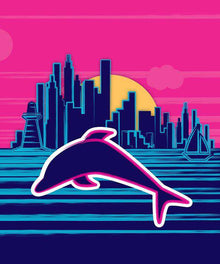 Springender Delfin - Diamond Painting mit Neon-Skyline