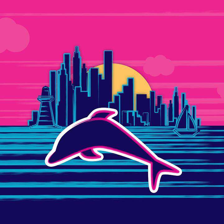 Springender Delfin - Diamond Painting mit Neon-Skyline