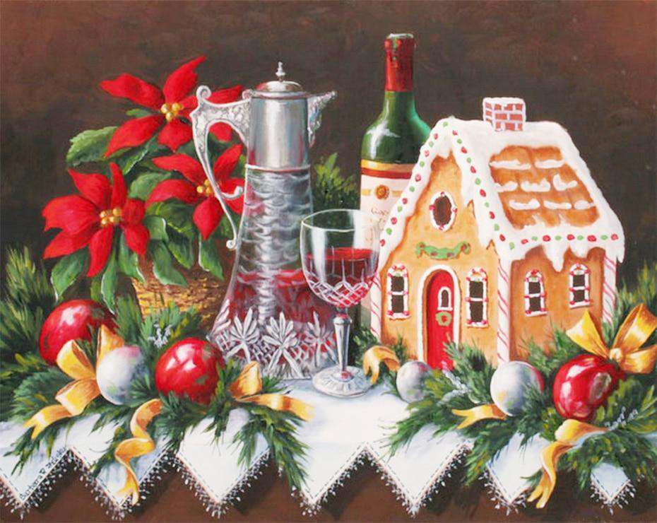 Weihnachtliches Stillleben - Diamond Painting mit Lebkuchenhaus