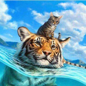 Tiger mit Katze im Wasser Diamond Painting