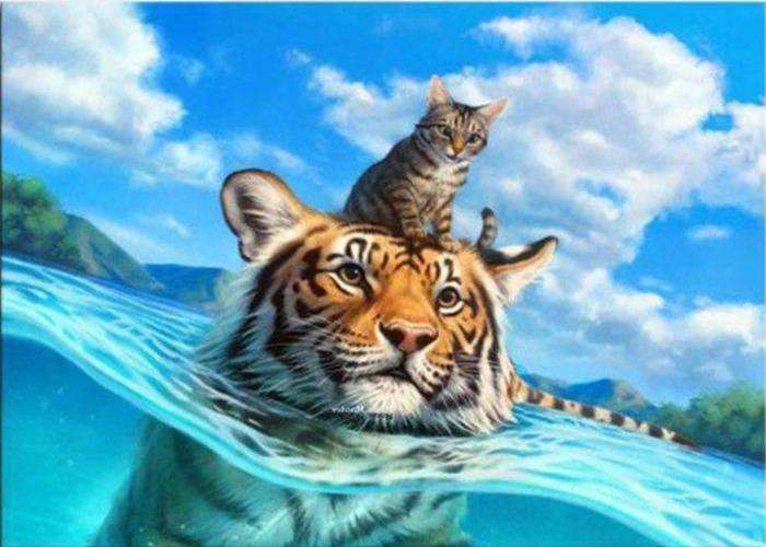 Tiger mit Katze im Wasser Diamond Painting