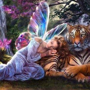 Tiger mit Mädchen Fantasy Diamond Painting