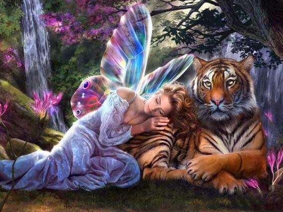 Tiger mit Mädchen Fantasy Diamond Painting