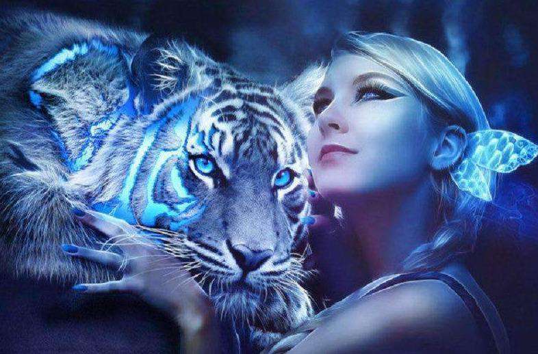 Tiger mit Frau Fantasy Diamond Painting