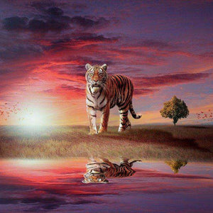 Tiger mit Spiegelbild im Sonnenuntergang - Diamond Painting Motiv