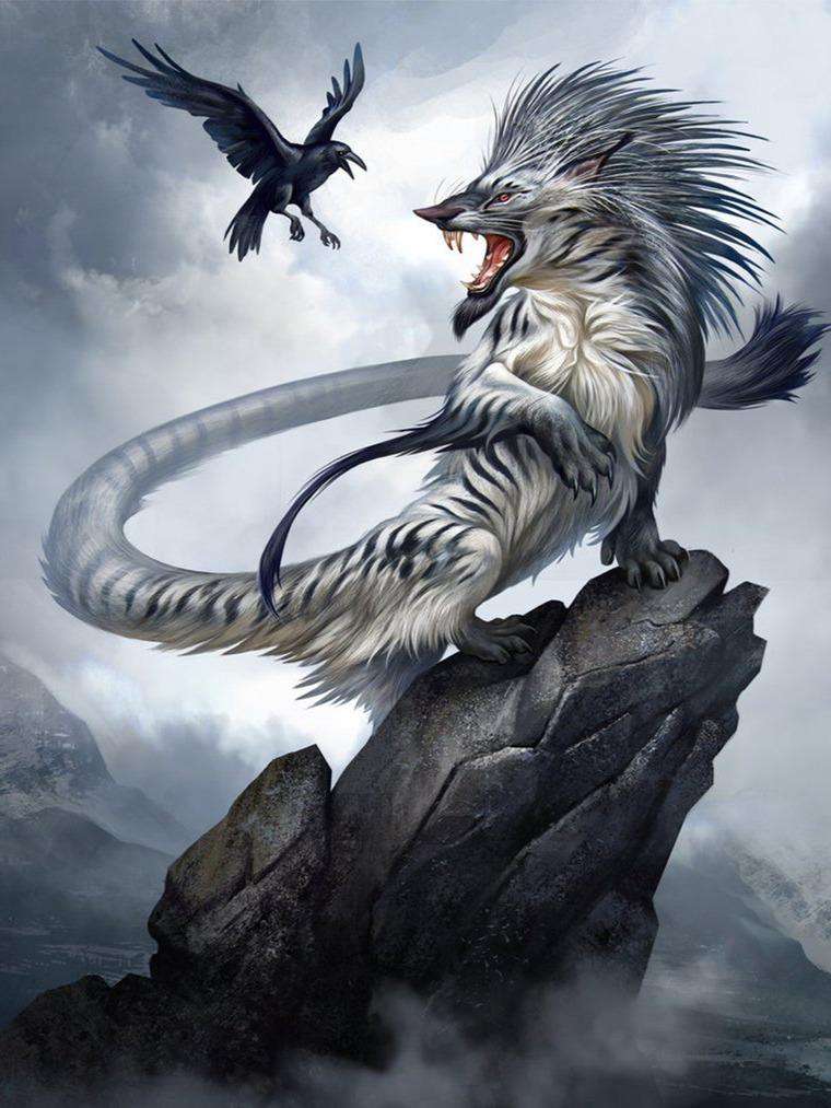 Weißer Tiger und Krähe - Diamond Painting Fantasy-Motiv