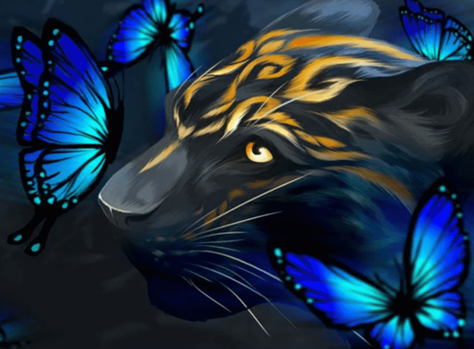 Tiger mit blauen Schmetterlingen - Diamond Painting Motiv
