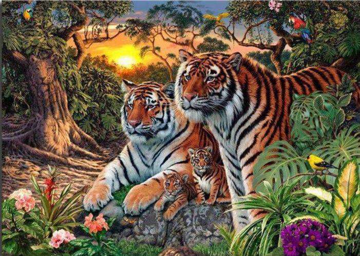 Tigerfamilie bei Sonnenuntergang - Diamond Painting Dschungelmotiv