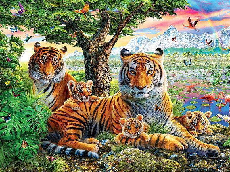 Tigerfamilie mit Tieren Diamond Painting