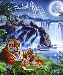 Tigerfamilie am Wasserfall - Diamond Painting Motiv