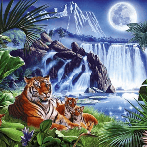 Tigerfamilie am Wasserfall - Diamond Painting Motiv